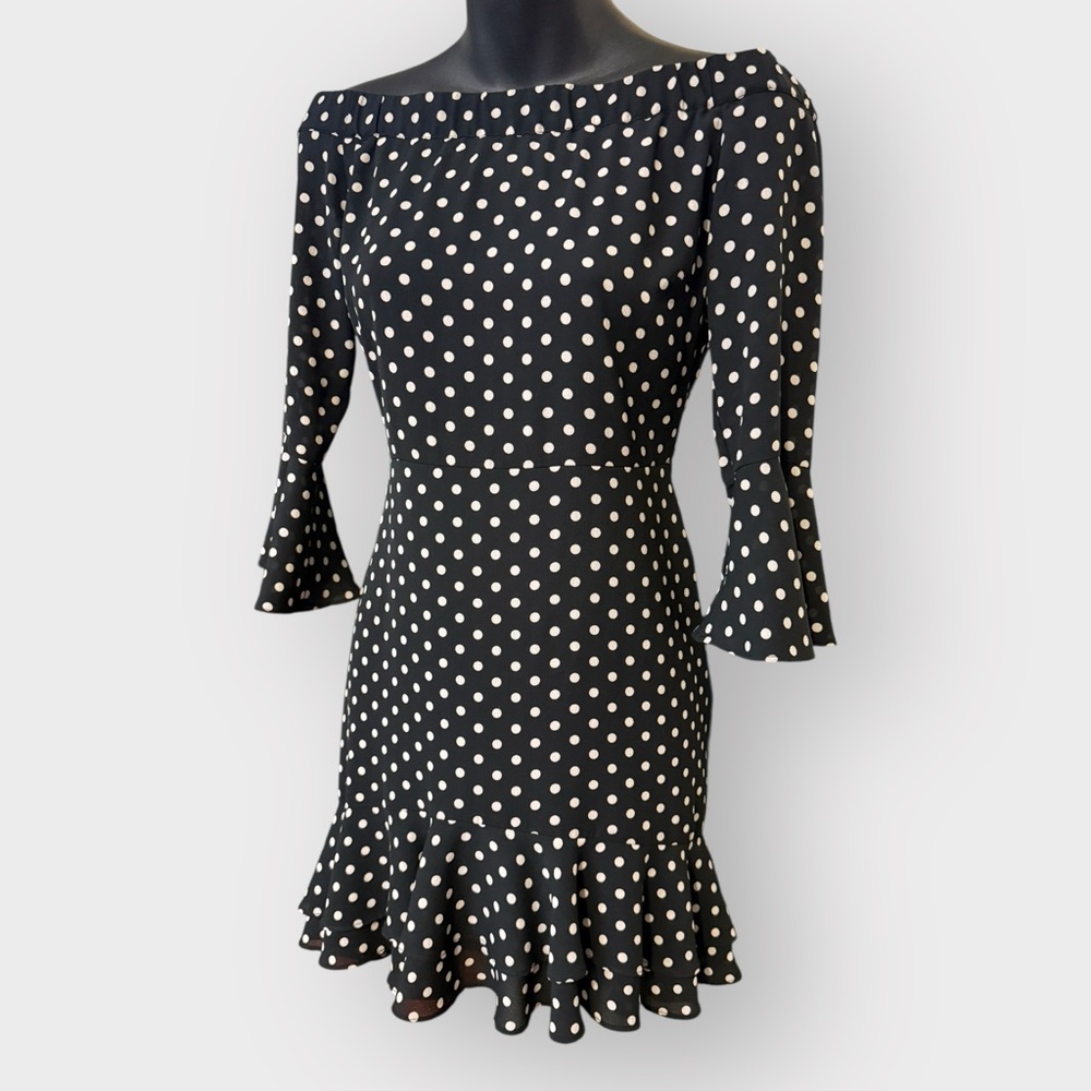 Topshop Black & White Polkadot, Off The Shoulder, Ruffle, Flare Sleeve Dress - Picture 3 of 6